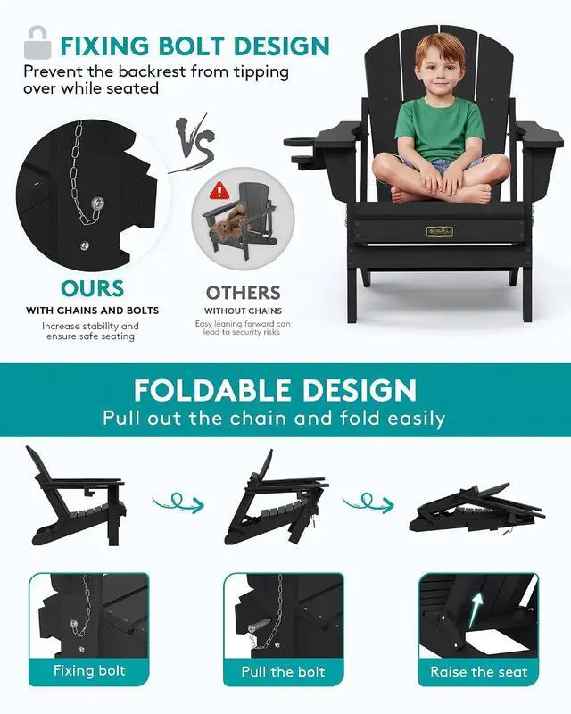 Alt view image 4 of 6 - Foldable Adirondack Chair with Cup Holder Set of 2, All Weather Adirondack Chairs for Patio Garden Outdoors Fire Pit - Black