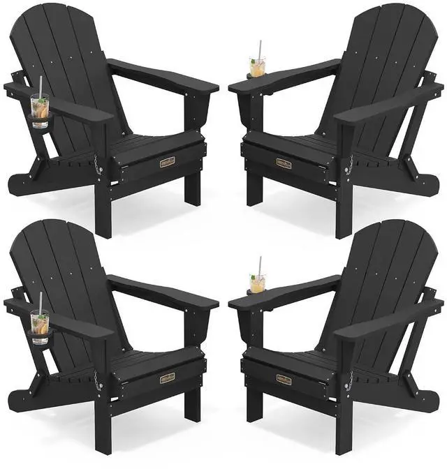Main image of Foldable Adirondack Chair Set of 4, All Weather Adirondack Chairs with Cup Holder for Patio Garden Outdoors Fire Pit-Black