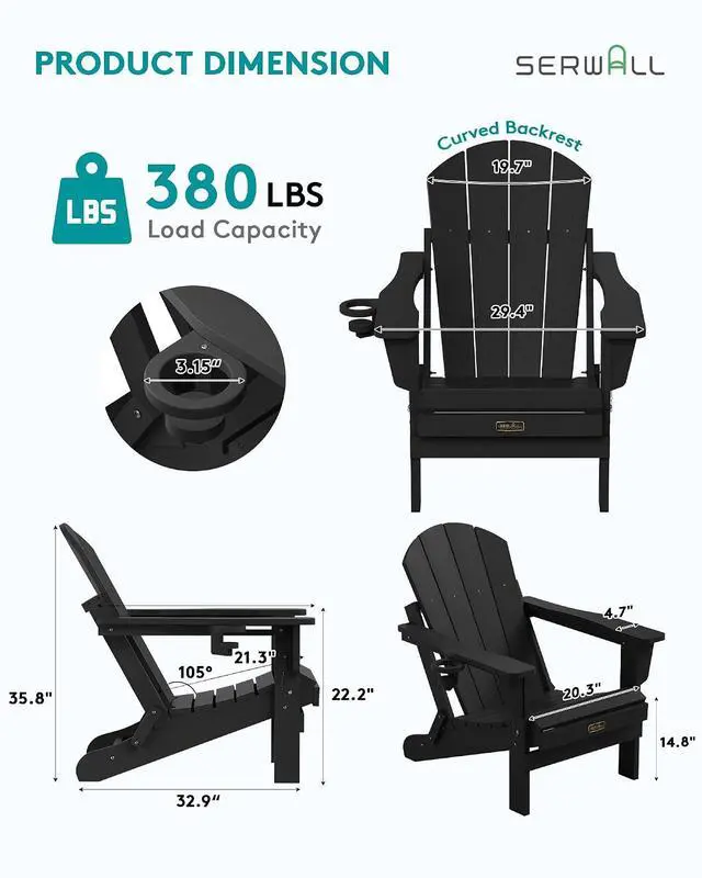 Alt view image 3 of 6 - Foldable Adirondack Chair with Cup Holder Set of 2, All Weather Adirondack Chairs for Patio Garden Outdoors Fire Pit - Black