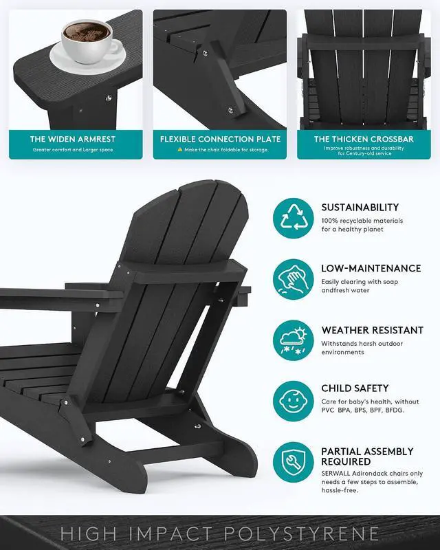 Alt view image 5 of 6 - Foldable Adirondack Chair with Cup Holder Set of 2, All Weather Adirondack Chairs for Patio Garden Outdoors Fire Pit - Black