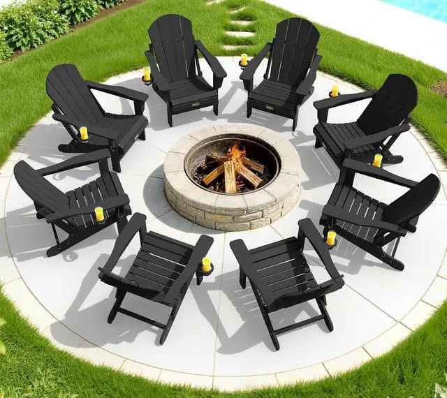 Alt view image 2 of 7 - Folding Adirondack Chairs Set of 6, Patio Chairs Lawn Chair Outdoor Adirondack Chair with Cup Holder, Weather Resistant for Patio Deck Garden, Backyard, Fire Pit - Black