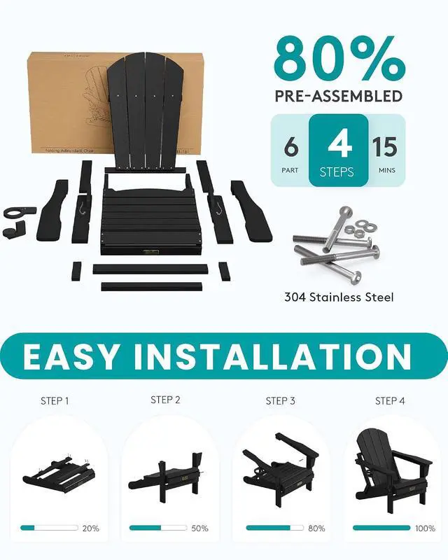 Alt view image 6 of 6 - Foldable Adirondack Chair with Cup Holder Set of 2, All Weather Adirondack Chairs for Patio Garden Outdoors Fire Pit - Black