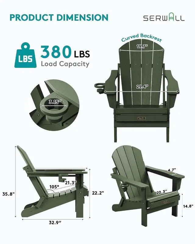 Alt view image 3 of 7 - Folding Adirondack Chair for Patio Garden, All-Weather Outdoors Chairs with Cup Holder, Wooden Textured Fire Pit Chairs for Poolside, Backyard, Lawn - Army