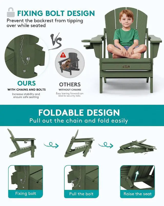 Alt view image 4 of 7 - Folding Adirondack Chair for Patio Garden, All-Weather Outdoors Chairs with Cup Holder, Wooden Textured Fire Pit Chairs for Poolside, Backyard, Lawn - Army
