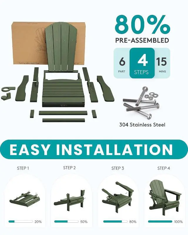 Alt view image 6 of 7 - Folding Adirondack Chair for Patio Garden, All-Weather Outdoors Chairs with Cup Holder, Wooden Textured Fire Pit Chairs for Poolside, Backyard, Lawn - Army