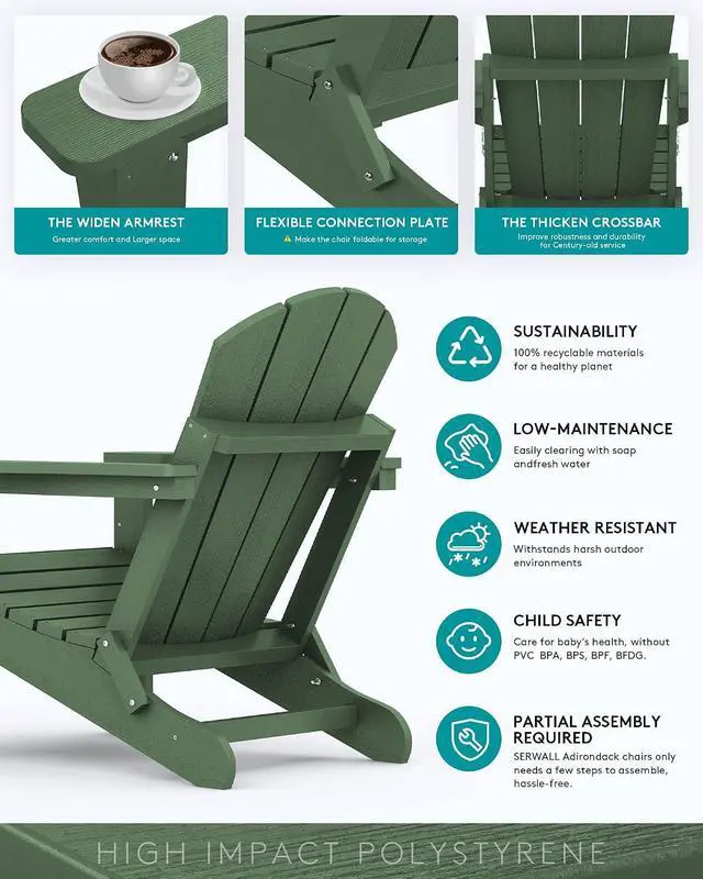 Alt view image 5 of 7 - Folding Adirondack Chair for Patio Garden, All-Weather Outdoors Chairs with Cup Holder, Wooden Textured Fire Pit Chairs for Poolside, Backyard, Lawn - Army