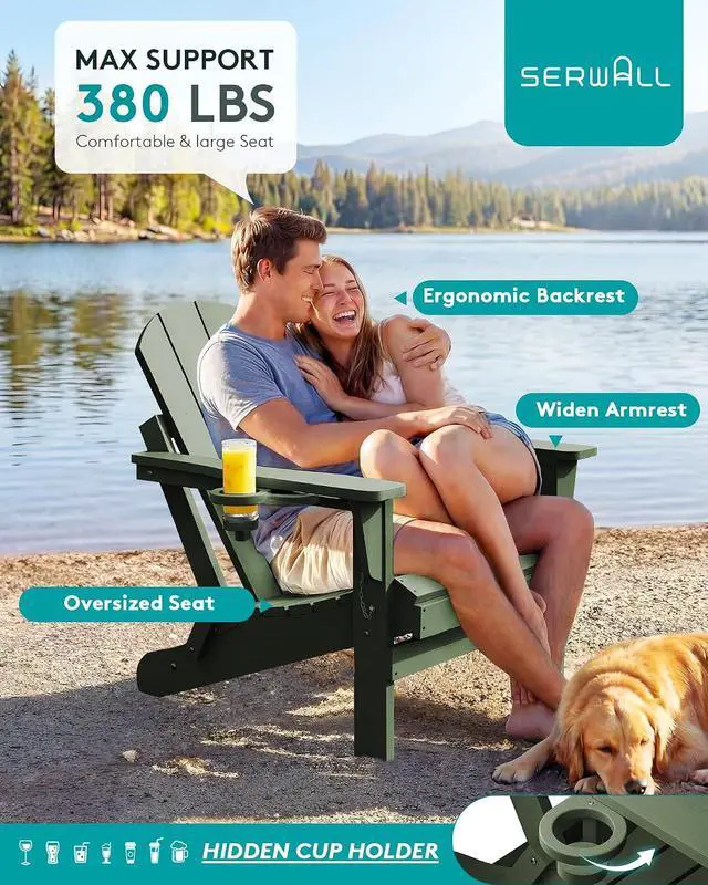Alt view image 7 of 7 - Folding Adirondack Chair for Patio Garden, All-Weather Outdoors Chairs with Cup Holder, Wooden Textured Fire Pit Chairs for Poolside, Backyard, Lawn - Army