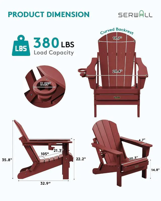 Alt view image 2 of 7 - Folding Adirondack Chair Set of 6 Weather Resistant Lawn Chairs with Cup Holder for Patio - Red