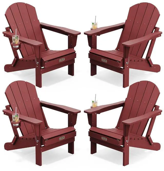 Main image of Foldable Adirondack Chair Set of 4, Weather Resistant HIPS Patio Chairs with Cup Holder for Patio Garden Outdoors Fire Pit Chairs- Red