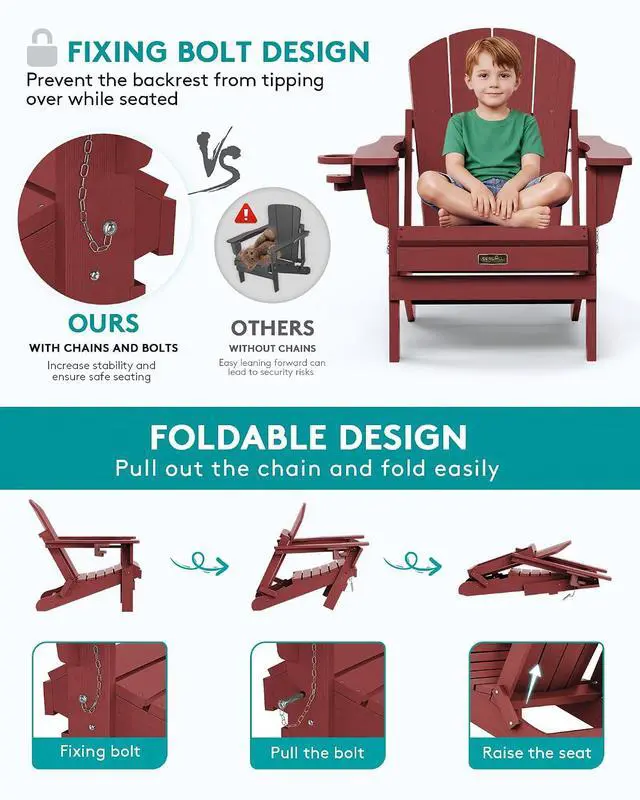 Alt view image 4 of 7 - Folding Adirondack Chair Set of 6 Weather Resistant Lawn Chairs with Cup Holder for Patio - Red