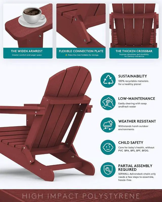 Alt view image 5 of 7 - Folding Adirondack Chair Set of 6 Weather Resistant Lawn Chairs with Cup Holder for Patio - Red