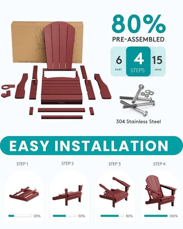 Alt view image 6 of 7 - Folding Adirondack Chair Set of 6 Weather Resistant Lawn Chairs with Cup Holder for Patio - Red