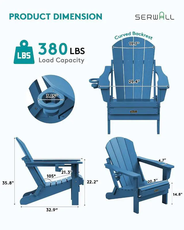 Alt view image 2 of 7 - Folding Adirondack Chair Set of 6, Weather Resistant HIPS Lawn Chairs with Cup Holder for Garden Outdoors Fire Pit- Sapphire