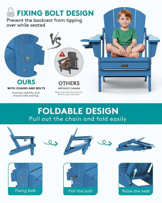 Alt view image 4 of 7 - Folding Adirondack Chair Set of 6, Weather Resistant HIPS Lawn Chairs with Cup Holder for Garden Outdoors Fire Pit- Sapphire