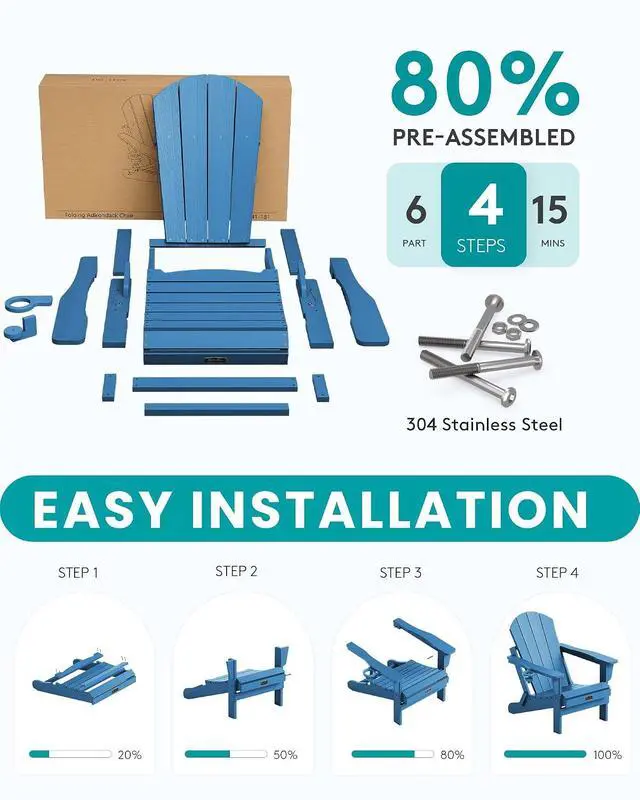 Alt view image 7 of 7 - Folding Adirondack Chair Set of 6, Weather Resistant HIPS Lawn Chairs with Cup Holder for Garden Outdoors Fire Pit- Sapphire