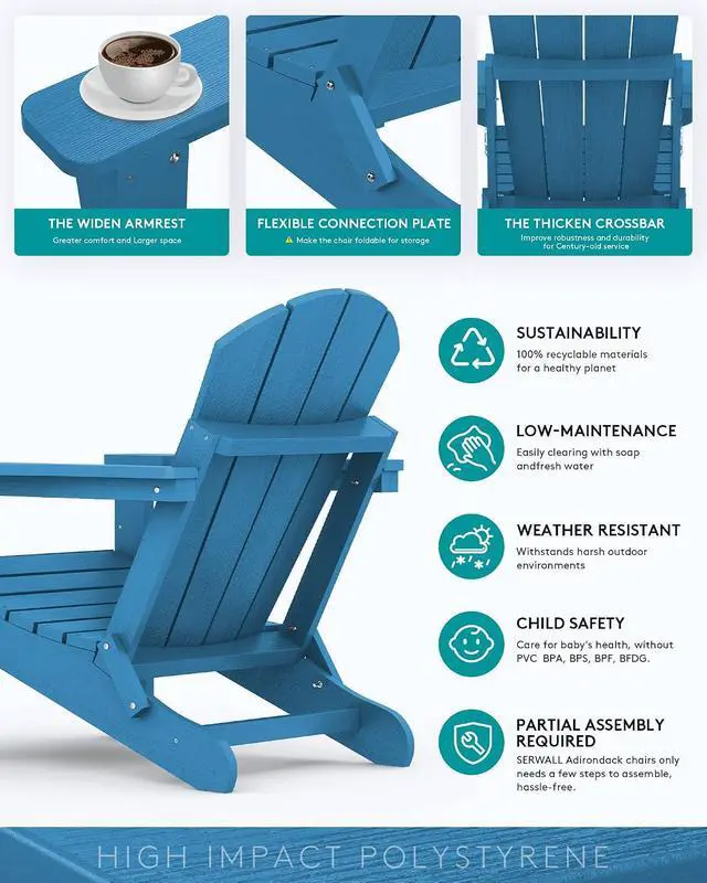 Alt view image 5 of 7 - Folding Adirondack Chair Set of 6, Weather Resistant HIPS Lawn Chairs with Cup Holder for Garden Outdoors Fire Pit- Sapphire