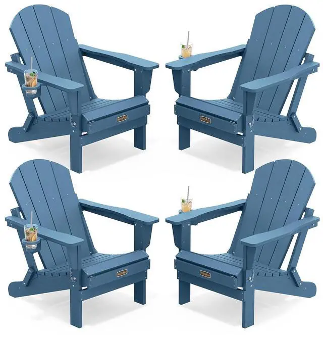 Main image of Folding Adirondack Chair with Cup Holder Set of 4, Weather Resistant HIPS Patio Chairs, Wooden Textured, Fire Pit Chairs for Garden Outdoors Fire Pit - Blue