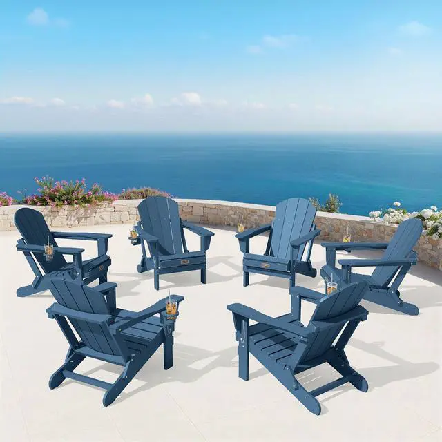 Alt view image 2 of 7 - Folding Adirondack Chair with Cup Holder Set of 4, Weather Resistant HIPS Patio Chairs, Wooden Textured, Fire Pit Chairs for Garden Outdoors Fire Pit - Blue
