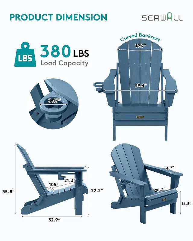 Alt view image 3 of 7 - Foldable Adirondack Chair Set of 2 for Patio Garden Outdoors Fire Pit-Blue
