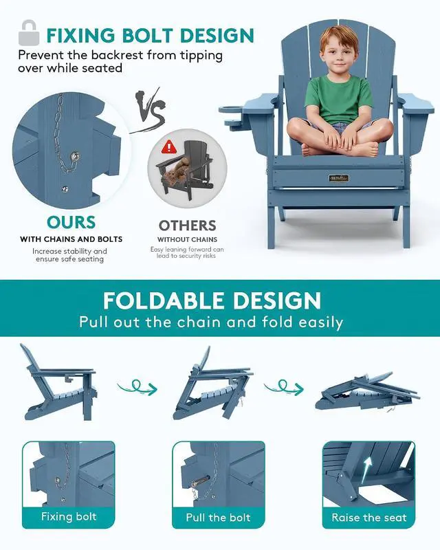 Alt view image 4 of 7 - Foldable Adirondack Chair Set of 2 for Patio Garden Outdoors Fire Pit-Blue