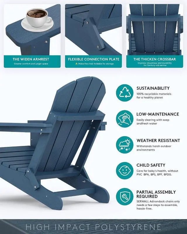 Alt view image 6 of 7 - Foldable Adirondack Chair Set of 2 for Patio Garden Outdoors Fire Pit-Blue