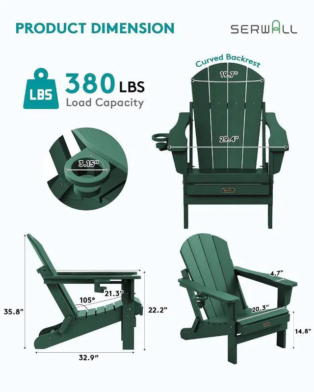Alt view image 3 of 7 - Foldable Adirondack Chair Set of 2 for Patio Garden All Weather Adirondack Chairs with Cup Holder Outdoors Fire Pit Chairs-Green
