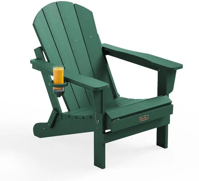 Main image of Folding Adirondack Chair Outdoor Adirondack Chairs with Cup Holder Weather Resistant Patio Chair Weather Resistant for Patio Deck Garden, Backyard Deck, Fire Pit - Green