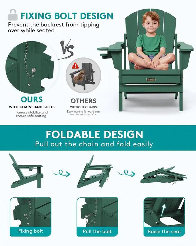 Alt view image 4 of 7 - Foldable Adirondack Chair Set of 2 for Patio Garden All Weather Adirondack Chairs with Cup Holder Outdoors Fire Pit Chairs-Green