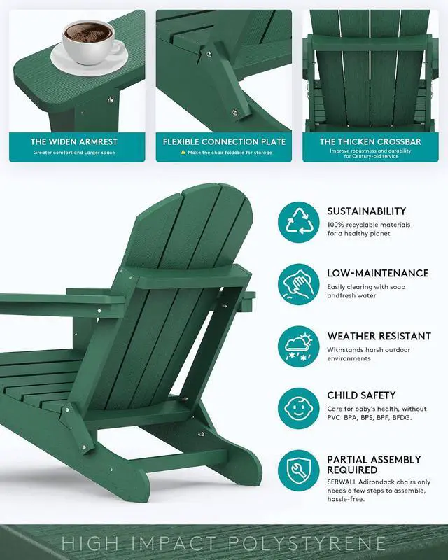 Alt view image 5 of 7 - Foldable Adirondack Chair Set of 2 for Patio Garden All Weather Adirondack Chairs with Cup Holder Outdoors Fire Pit Chairs-Green