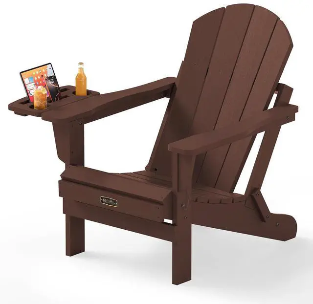 Main image of Folding Adirondack Chair for Outdoor, Paito Adirondack Chairs with 4 in 1 Cup Holder, All-Weather Patio Chairs with Wood Texture, Fire Pit Chairs for Deck Porch Garden Poolside -Coffee