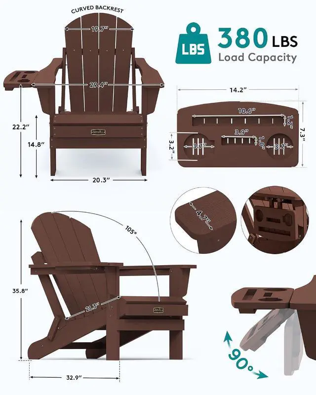 Alt view image 3 of 7 - Folding Adirondack Chair for Outdoor, Paito Adirondack Chairs with 4 in 1 Cup Holder, All-Weather Patio Chairs with Wood Texture, Fire Pit Chairs for Deck Porch Garden Poolside -Coffee