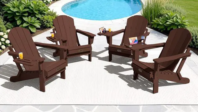Alt view image 2 of 7 - Folding Adirondack Chair for Outdoor, Paito Adirondack Chairs with 4 in 1 Cup Holder, All-Weather Patio Chairs with Wood Texture, Fire Pit Chairs for Deck Porch Garden Poolside -Coffee