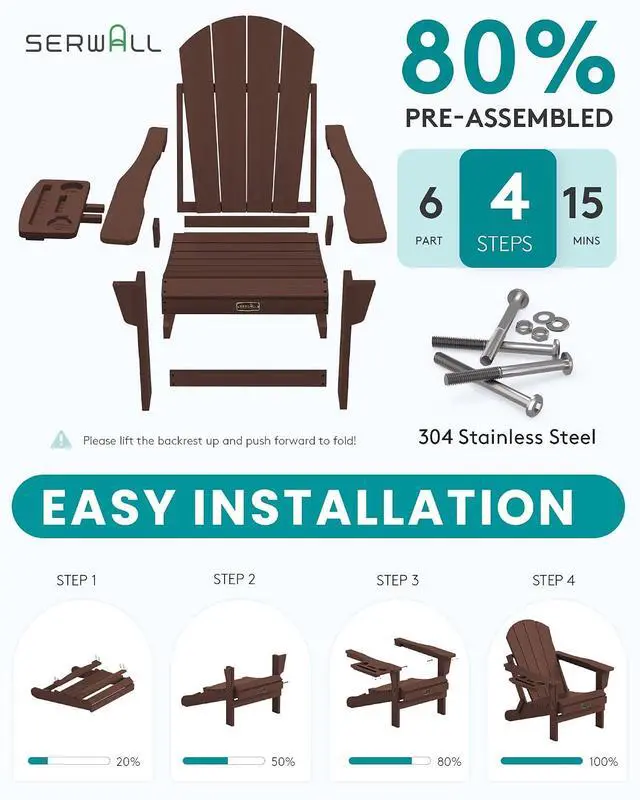 Alt view image 4 of 7 - Folding Adirondack Chair for Outdoor, Paito Adirondack Chairs with 4 in 1 Cup Holder, All-Weather Patio Chairs with Wood Texture, Fire Pit Chairs for Deck Porch Garden Poolside -Coffee