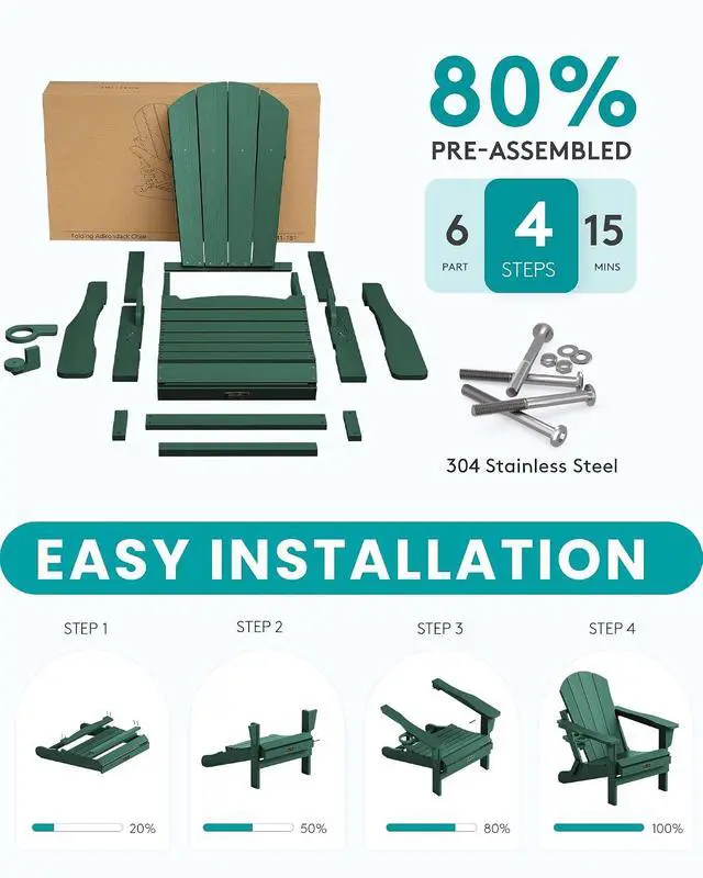Alt view image 6 of 7 - Foldable Adirondack Chair Set of 2 for Patio Garden All Weather Adirondack Chairs with Cup Holder Outdoors Fire Pit Chairs-Green