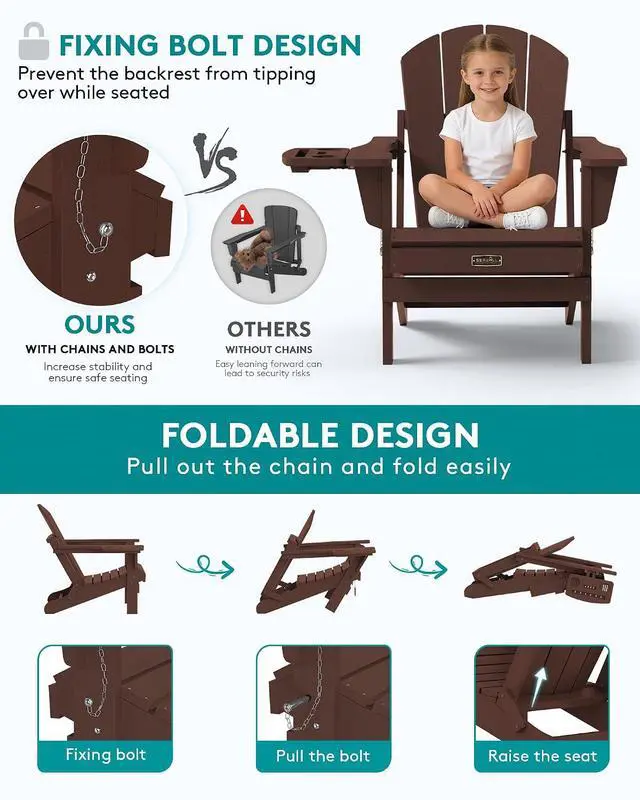 Alt view image 5 of 7 - Folding Adirondack Chair for Outdoor, Paito Adirondack Chairs with 4 in 1 Cup Holder, All-Weather Patio Chairs with Wood Texture, Fire Pit Chairs for Deck Porch Garden Poolside -Coffee