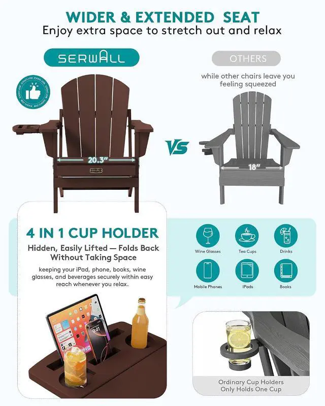 Alt view image 6 of 7 - Folding Adirondack Chair for Outdoor, Paito Adirondack Chairs with 4 in 1 Cup Holder, All-Weather Patio Chairs with Wood Texture, Fire Pit Chairs for Deck Porch Garden Poolside -Coffee