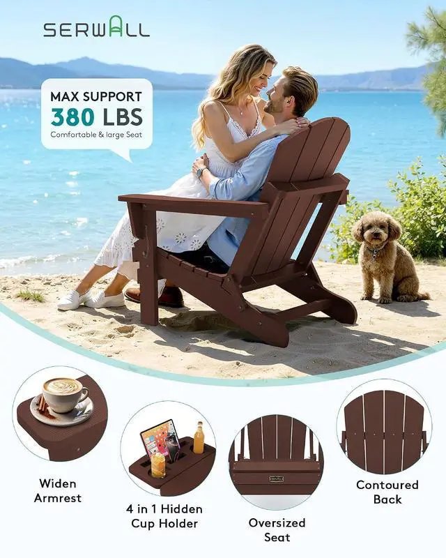 Alt view image 7 of 7 - Folding Adirondack Chair for Outdoor, Paito Adirondack Chairs with 4 in 1 Cup Holder, All-Weather Patio Chairs with Wood Texture, Fire Pit Chairs for Deck Porch Garden Poolside -Coffee