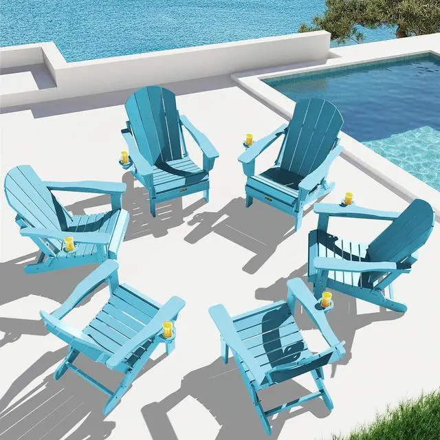 Main image of Folding Adirondack Chair Weather Resistant Patio Chair with Cup Holder Outdoor Chairs Set of 6 Painted Adirondack Chairs - Light Blue
