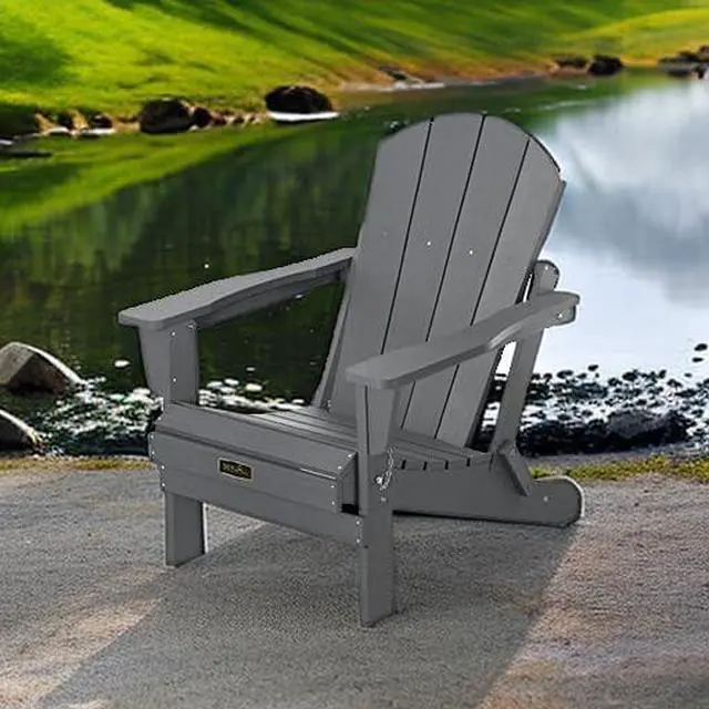 Alt view image 2 of 7 - Folding Adirondack Chair with Cup Holder for Outdoor, All-Weather Patio Chairs with Wood Texture, Fire Pit Chairs for Deck Porch Garden - Gray