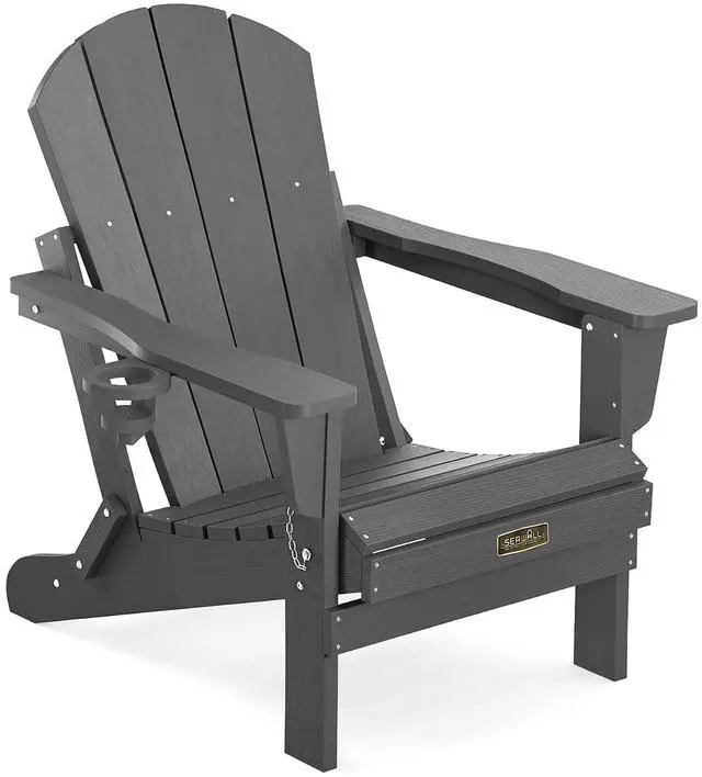 Main image of Folding Adirondack Chair with Cup Holder for Outdoor, All-Weather Patio Chairs with Wood Texture, Fire Pit Chairs for Deck Porch Garden - Gray