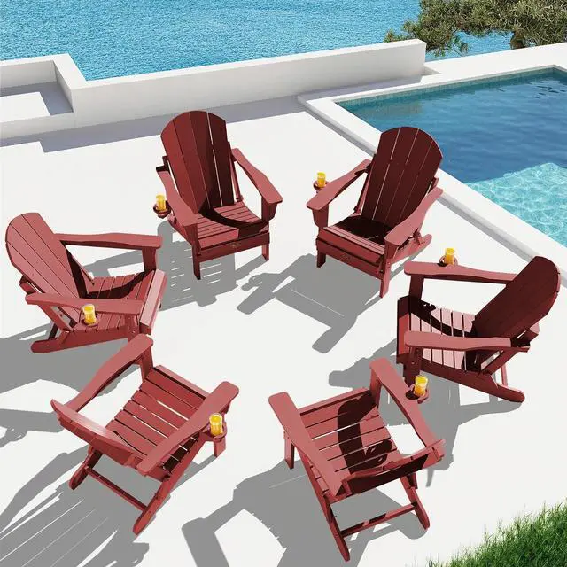 Main image of Folding Adirondack Chair Set of 6 Weather Resistant Lawn Chairs with Cup Holder for Patio - Red