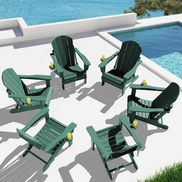 Alt view image 2 of 7 - Foldable Adirondack Chair Set of 2 for Patio Garden All Weather Adirondack Chairs with Cup Holder Outdoors Fire Pit Chairs-Green