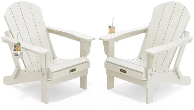 Main image of Folding Adirondack Chair Set of 2, All Weather Patio Chair with Wood Texture, Fire Pit Chairs for Outdoor - White