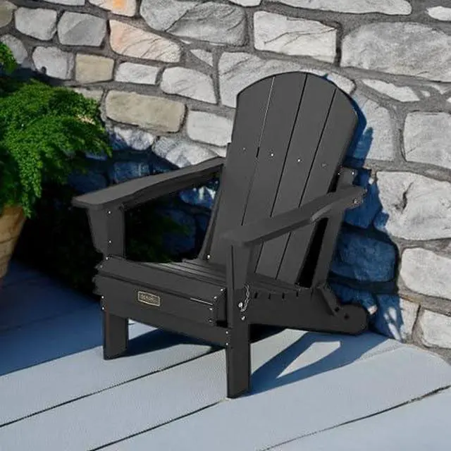 Alt view image 2 of 7 - Folding Adirondack Chair with Cup Holer, Weather Resistant Adirondack Chairs for Outdoor, Patio, Lawn, Garden, Backyard Deck, Fire Pit - Black