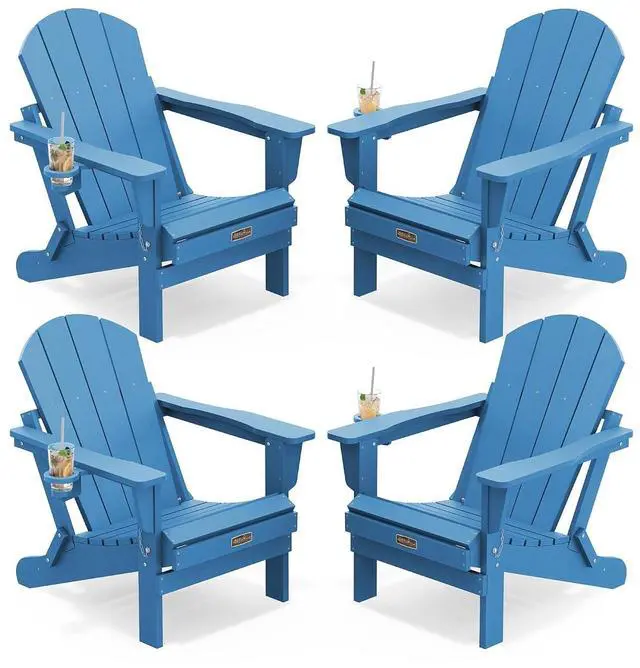 Main image of Folding Adirondack Chair Set of 4, Weather Resistant HIPS Patio Chairs with Cup Holder for Garden Outdoors Fire Pit Chairs- Sapphire