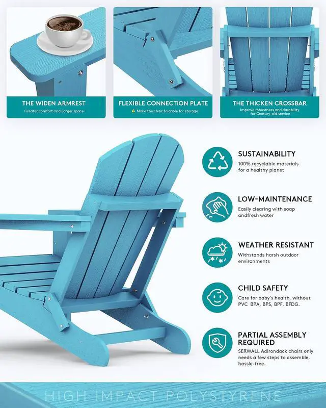 Alt view image 5 of 7 - Folding Adirondack Chair with Cup Holder Outdoor Adirondack Chairs Weather Resistant Patio Chair Fire Pit Chairs - Light Blue