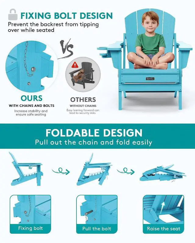 Alt view image 6 of 7 - Folding Adirondack Chair with Cup Holder Outdoor Adirondack Chairs Weather Resistant Patio Chair Fire Pit Chairs - Light Blue