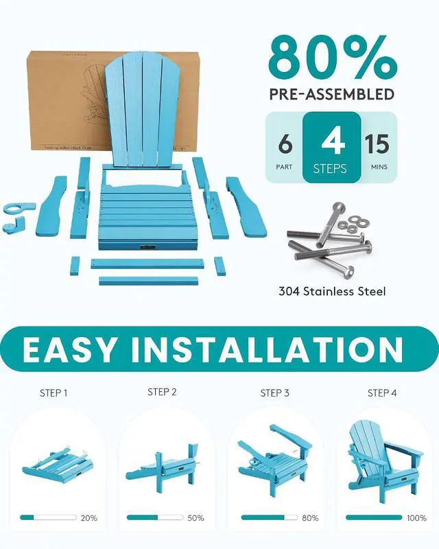 Alt view image 7 of 7 - Folding Adirondack Chair with Cup Holder Outdoor Adirondack Chairs Weather Resistant Patio Chair Fire Pit Chairs - Light Blue