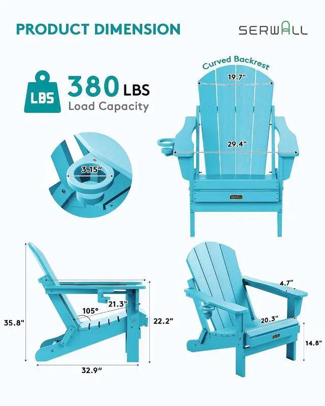 Alt view image 3 of 7 - Folding Adirondack Chair with Cup Holder Outdoor Adirondack Chairs Weather Resistant Patio Chair Fire Pit Chairs - Light Blue