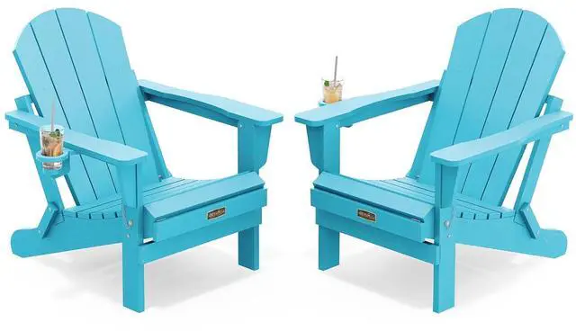 Main image of Folding Adirondack Chair with Cup Holder Weather Resistant Patio Chair Outdoor Chairs Painted Adirondack Chairs Set of 2 - Aruba Blue